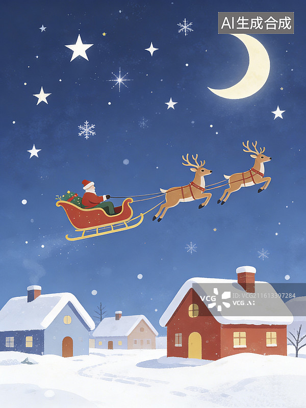 【AI数字艺术】夜空中驯鹿拉雪橇飞过村庄图片素材