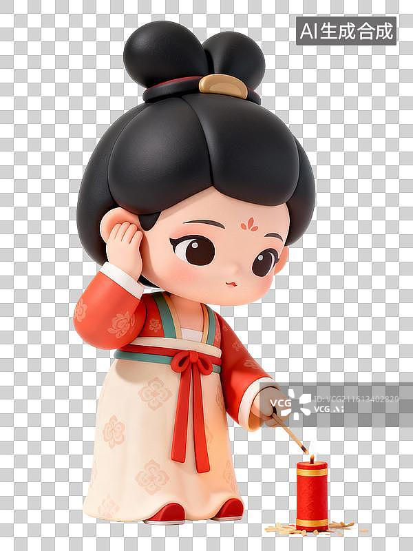 【AI数字艺术】女孩手捂耳朵放鞭炮 传统节日新年插画图片素材