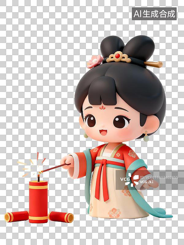 【AI数字艺术】女孩点燃鞭炮 传统节日新年插画图片素材