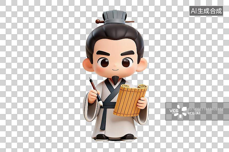 【AI数字艺术】卡通风格，手拿毛笔，正在竹简上记录的历史人物，司马迁PNG格式的免扣元素图片素材