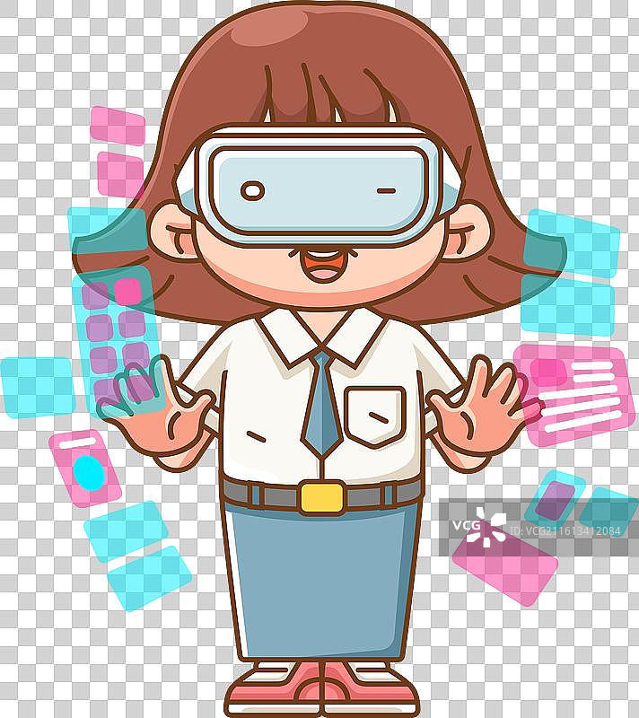 可爱的女高中生与虚拟互动图片素材