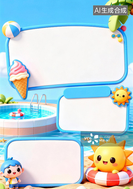 【AI数字艺术】3D卡通学生夏天愉快的暑假手抄报通用A4背景模版图片素材