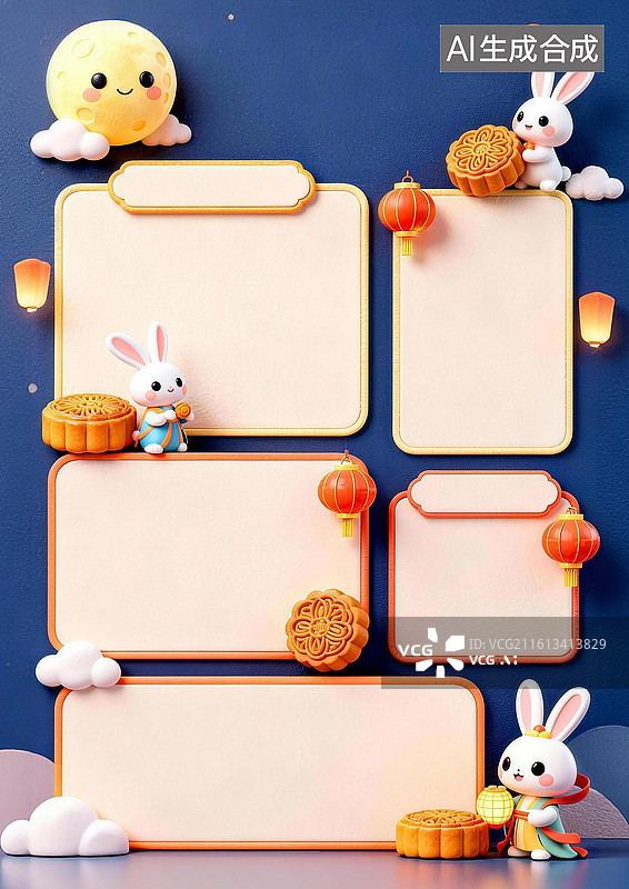 【AI数字艺术】3D卡通中秋节手抄报通用A4背景模版图片素材