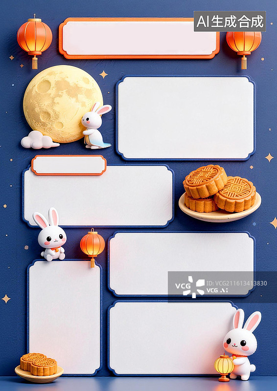 【AI数字艺术】3D卡通中秋节手抄报通用A4背景模版图片素材