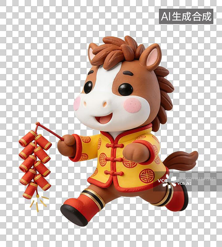 【AI数字艺术】3D立体马年春节拟人马玩偶穿着中式服装拿着鞭炮元素图片素材