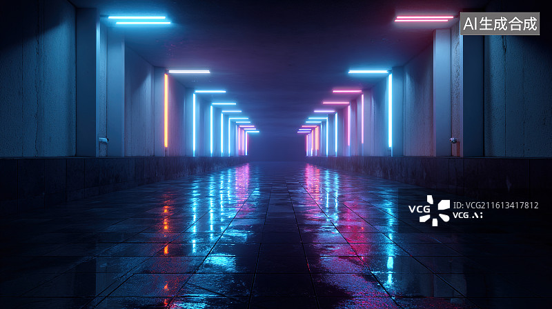 【AI数字艺术】赛博朋克霓虹灯光隧道科幻场景图片素材