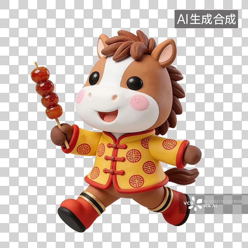 【AI数字艺术】3D立体马年春节拟人马玩偶穿着中式服装拿着山楂糖葫芦元素图片素材