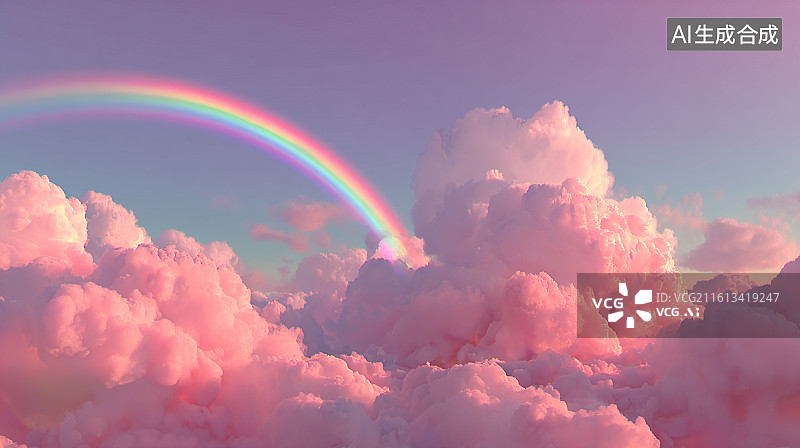 【AI数字艺术】粉紫背景下的粉云彩虹梦幻场景图片素材