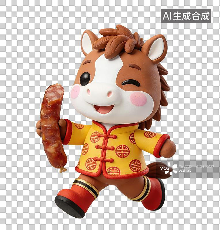 【AI数字艺术】3D立体马年春节拟人马玩偶穿着中式服装拿着腊肠香肠元素图片素材