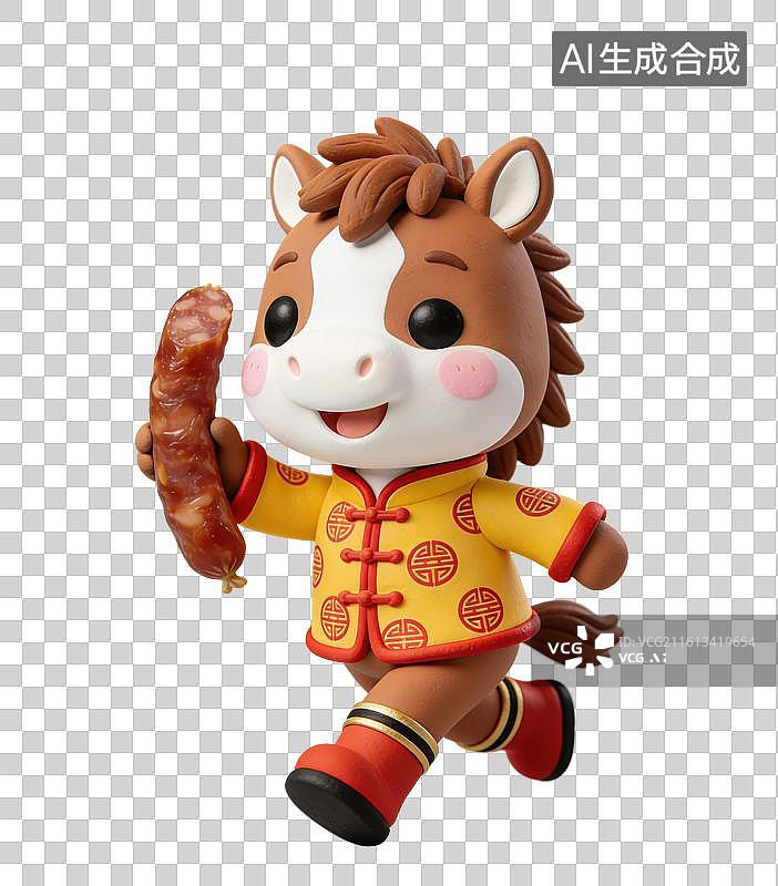 【AI数字艺术】3D立体马年春节拟人马玩偶穿着中式服装拿着腊肠香肠元素图片素材