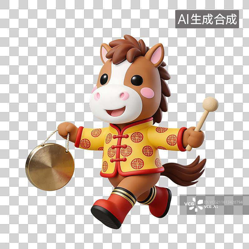【AI数字艺术】3D立体马年春节拟人马玩偶穿着中式服装拿着锣和锤元素图片素材
