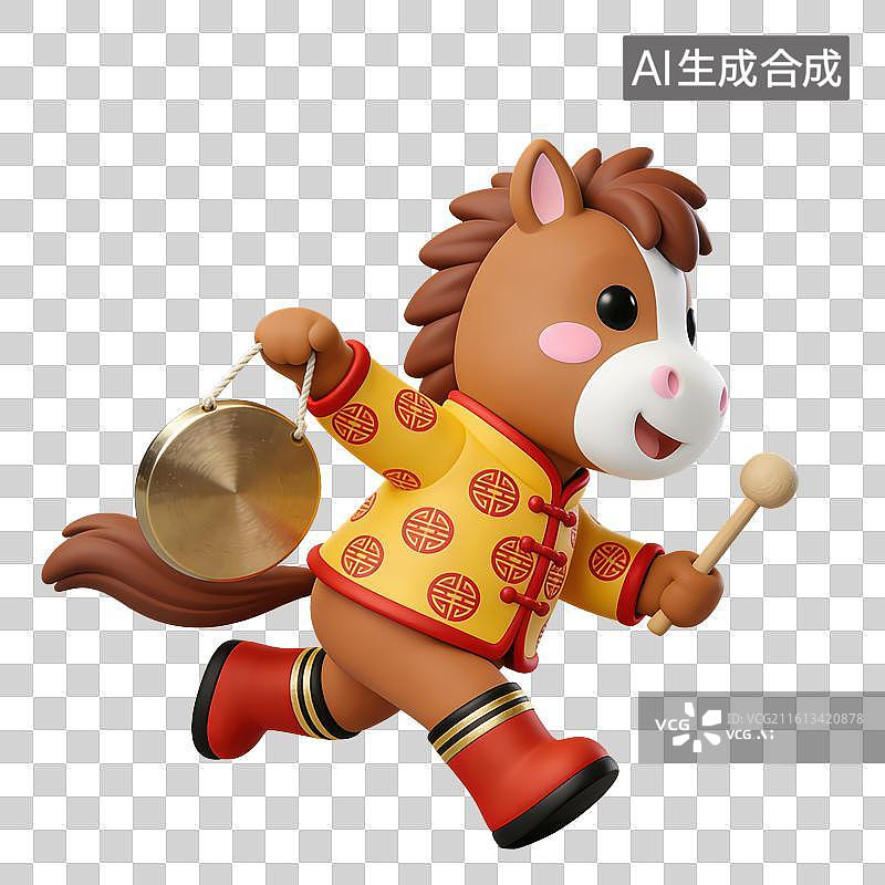 【AI数字艺术】3D立体马年春节拟人马玩偶穿着中式服装拿着锣和锤元素图片素材
