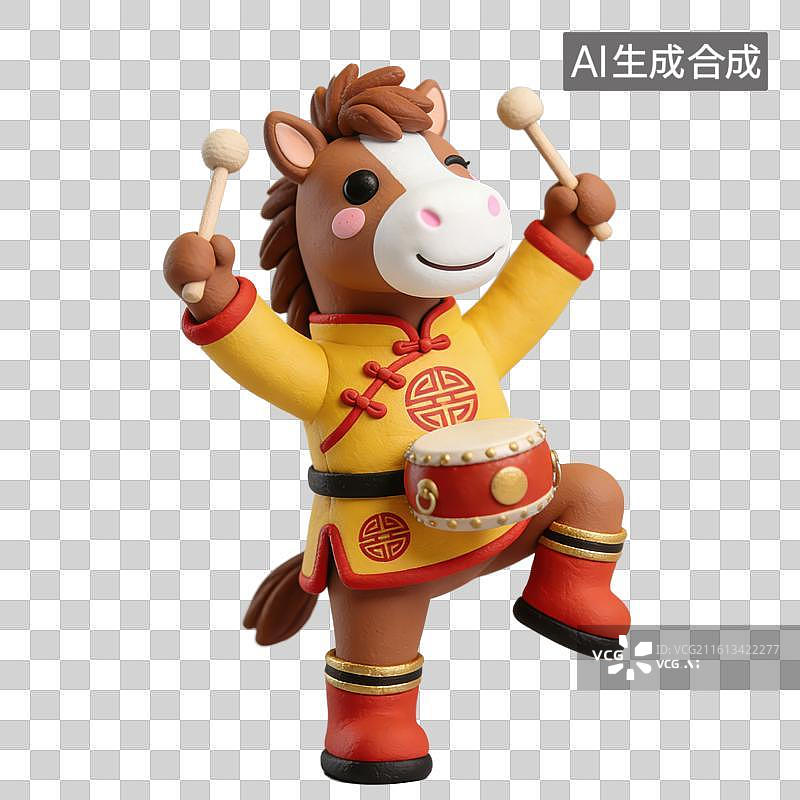 【AI数字艺术】3D立体马年春节拟人马玩偶穿着中式服装拿着鼓和锤元素图片素材