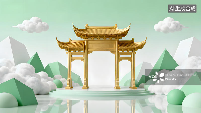 【AI数字艺术】金色中式牌坊与几何山水图片素材