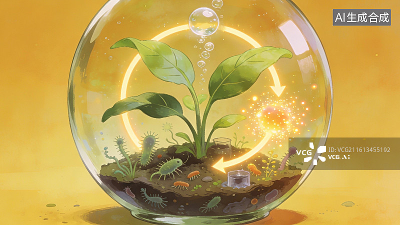 【AI数字艺术】玻璃球中的植物生态循环图片素材