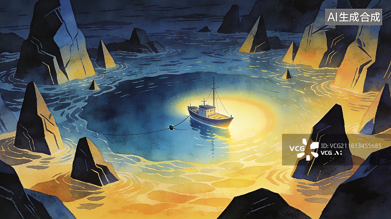 【AI数字艺术】孤舟夜泊暗礁海域图片素材
