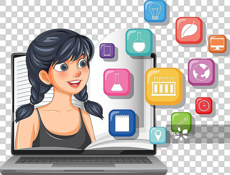 女孩在教育图标的辅助下在线学习图片素材