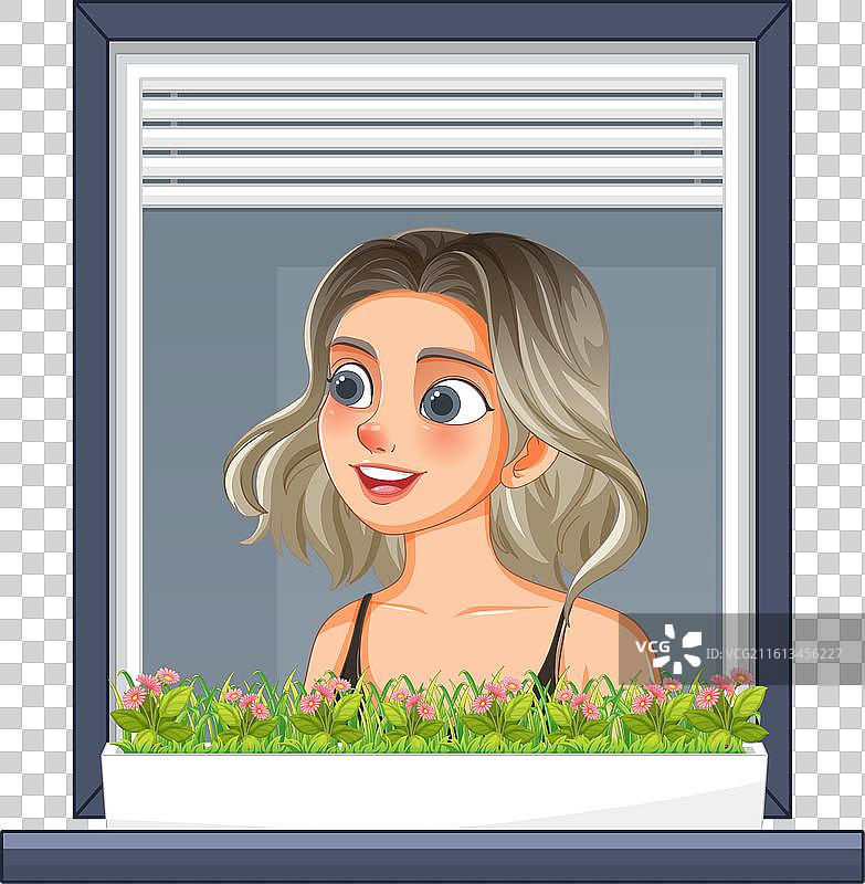 微笑的女人望着窗外图片素材