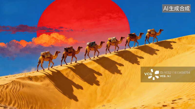 【AI数字艺术】沙漠驼队日落行进图片素材