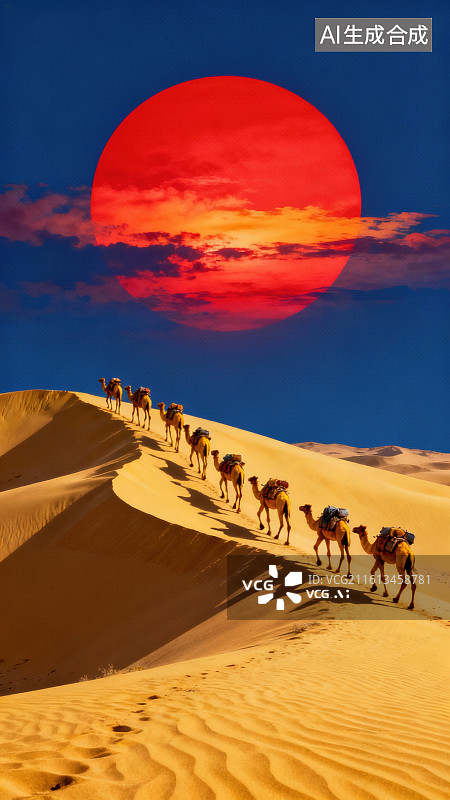 【AI数字艺术】沙漠驼队夕阳行图片素材