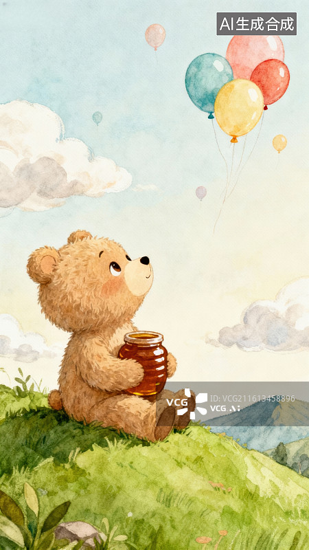 【AI数字艺术】小熊坐在草地上仰望气球图片素材