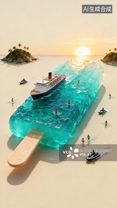 【AI数字艺术】冰棒上的游轮与海滩图片素材