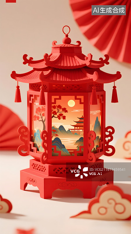 【AI数字艺术】抽象折纸灯笼红色极简中国风贺卡背景图片素材