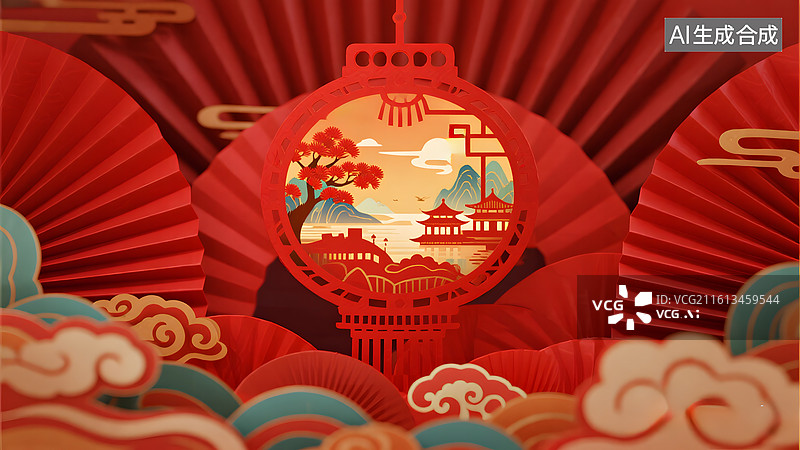 【AI数字艺术】抽象折纸灯笼红色极简中国风贺卡背景图片素材
