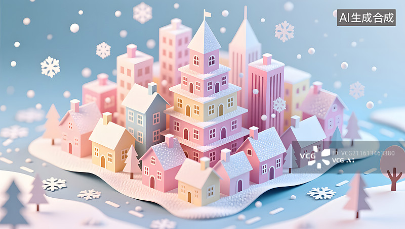 【AI数字艺术】冬季漫天雪花笼罩着梦幻纸雕微缩城市图片素材