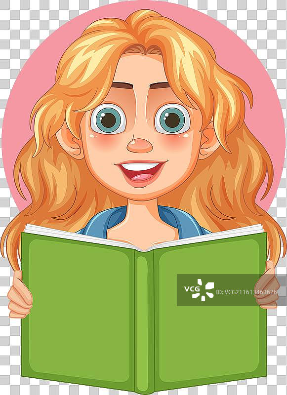 微笑的女孩拿着一本翻开的绿色书本图片素材