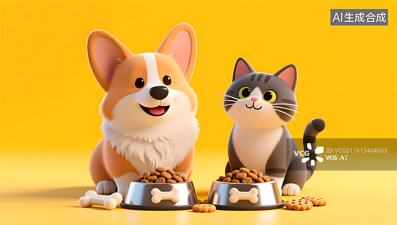 【AI数字艺术】柯基犬和短毛猫乖巧坐着等待喂食图片素材