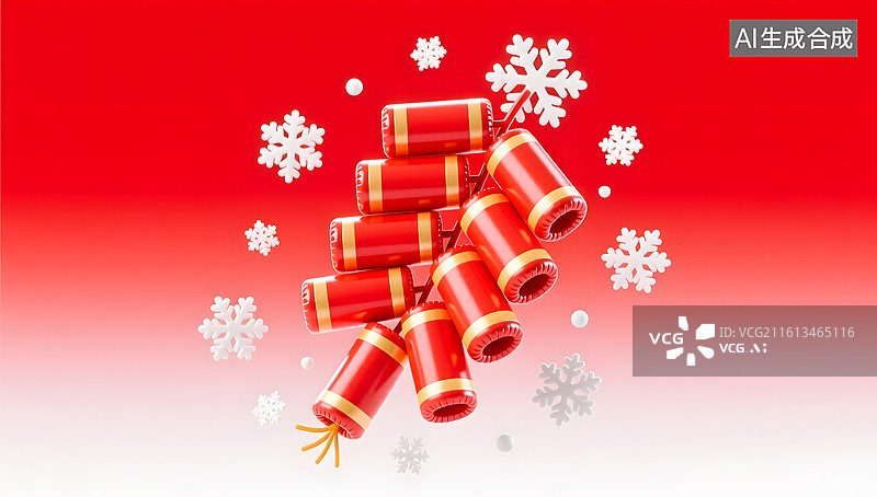 【AI数字艺术】春节喜庆鞭炮造型与冬日散落雪花图片素材