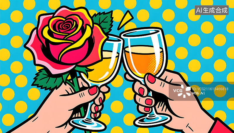 【AI数字艺术】波普艺术风格特写鲜艳红酒举杯与夸张玫瑰图片素材