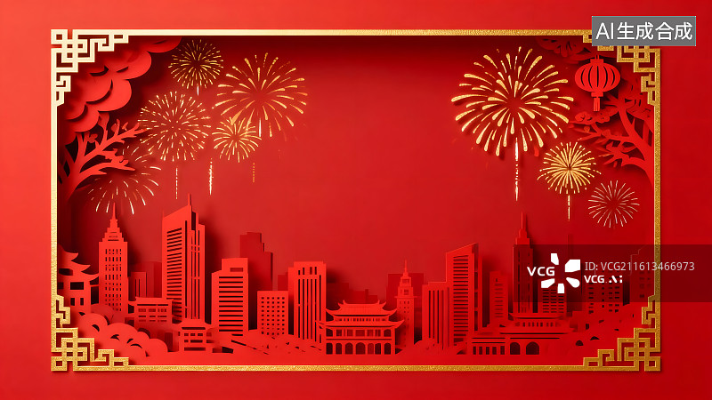 【AI数字艺术】新年红金剪纸城市喜庆插画图片素材