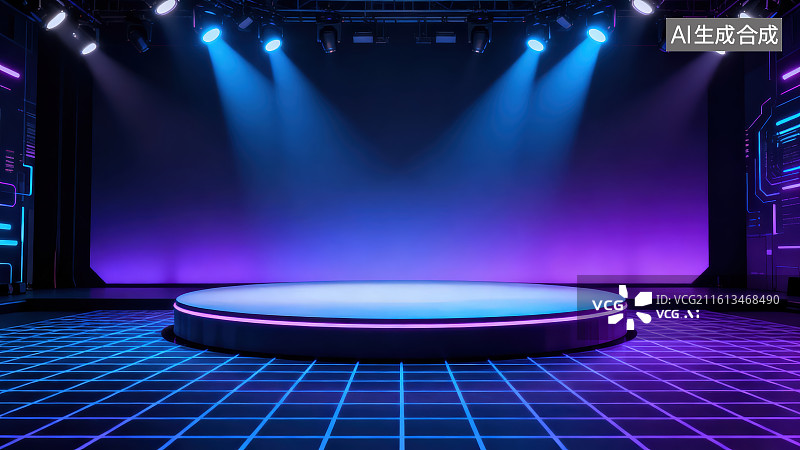 【AI数字艺术】多盏蓝紫色聚光灯下明亮的网格线圆形舞台背景图片素材