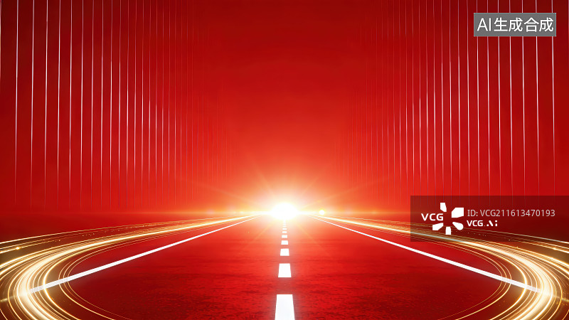 【AI数字艺术】红色星光科技通道金色流光舞台喜庆未来感庆典空间背景图片素材