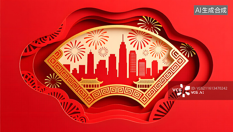 【AI数字艺术】剪纸艺术描绘节日红色城市烟火图片素材