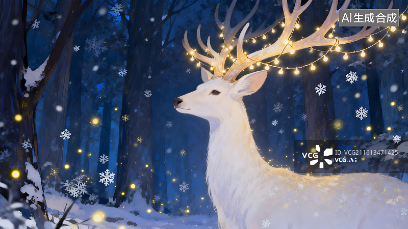 【AI数字艺术】冬日森林中白鹿与灯光营造梦幻童话图片素材
