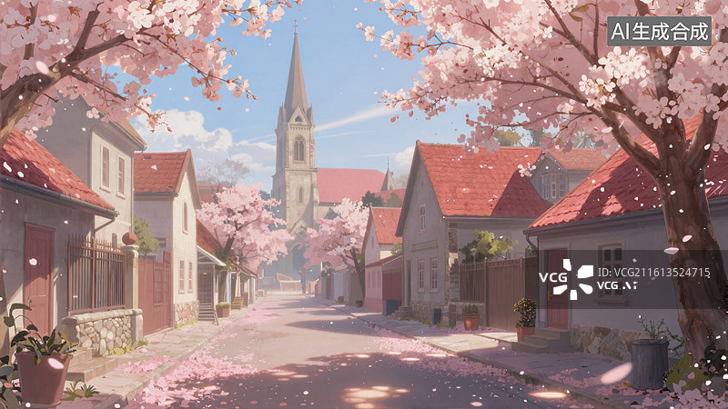 【AI数字艺术】春日小镇樱花盛开的街道图片素材