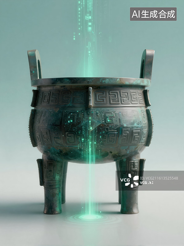 【AI数字艺术】青铜鼎中的神秘光流图片素材