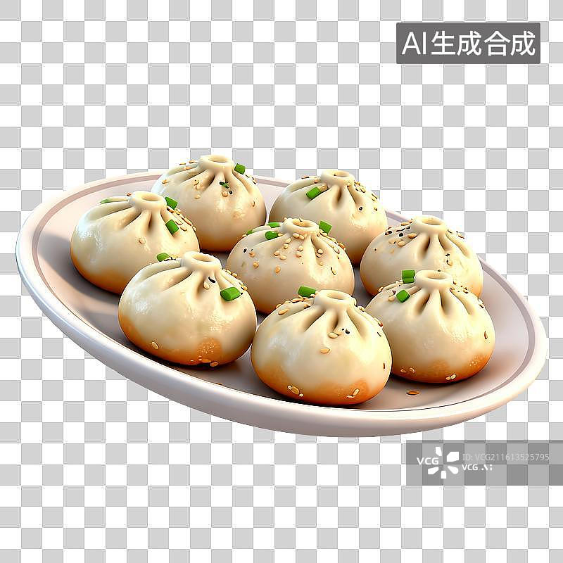 【AI数字艺术】精致生煎包摆放在白色瓷盘上图片素材