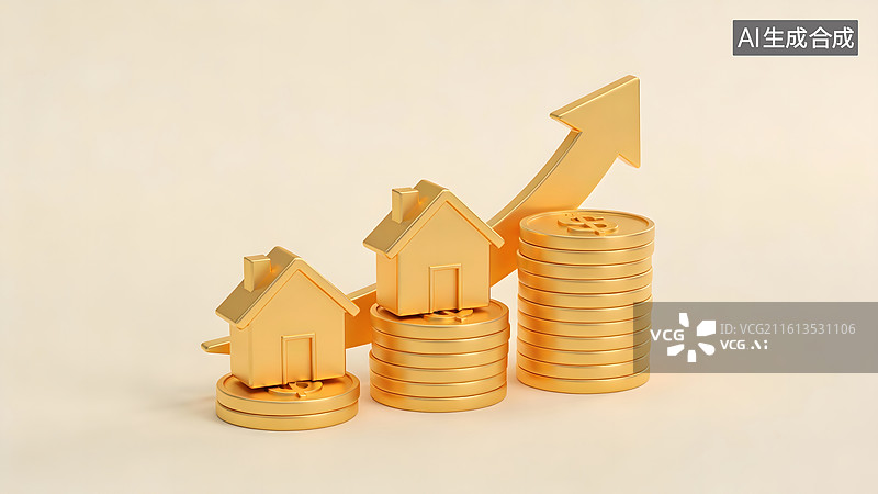【AI数字艺术】金色房屋与金币堆叠象征房产增值图片素材