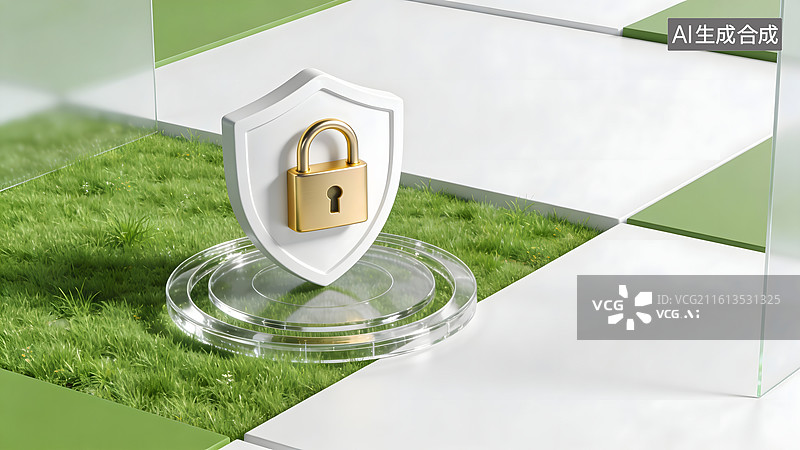 【AI数字艺术】绿色草地上的安全锁与盾牌图片素材