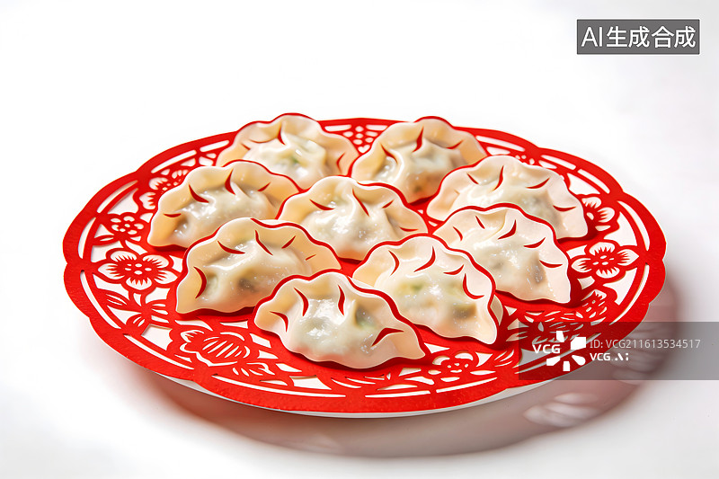 【AI数字艺术】红色剪纸饺子冬至春节新年插画免扣元素图片素材