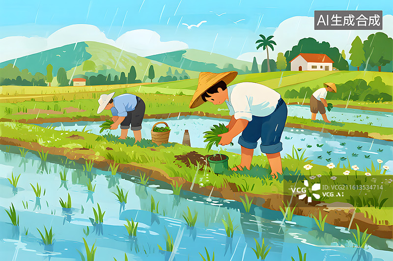 【AI数字艺术】乡村春耕插秧图图片素材