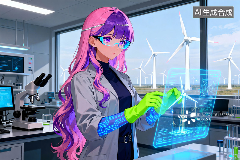 【AI数字艺术】科研少女紫发系新能源实验室场景图片素材