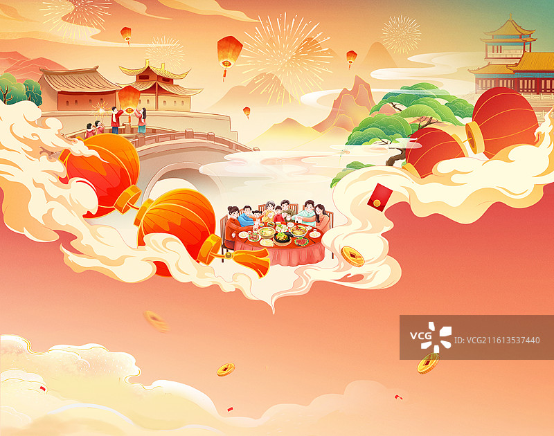 2026马年国风创意新春插画 桥上放天灯的一家四口 人间仙境 祥云里的古代建筑 除夕贺团圆 横版图片素材