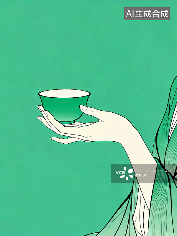 【AI数字艺术】执蓝绿盏，握半盏闲茶 手拿茶杯系列插画图片素材