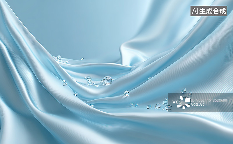 【AI数字艺术】浅蓝丝绸上的水珠图片素材