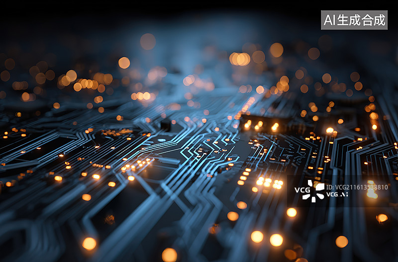 【AI数字艺术】电路板上的微光连接图片素材